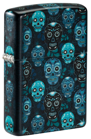 Front view of ˫ Sugar Skulls Design Glow in the Dark Matte Windproof Lighter standing at a 3/4 angle.